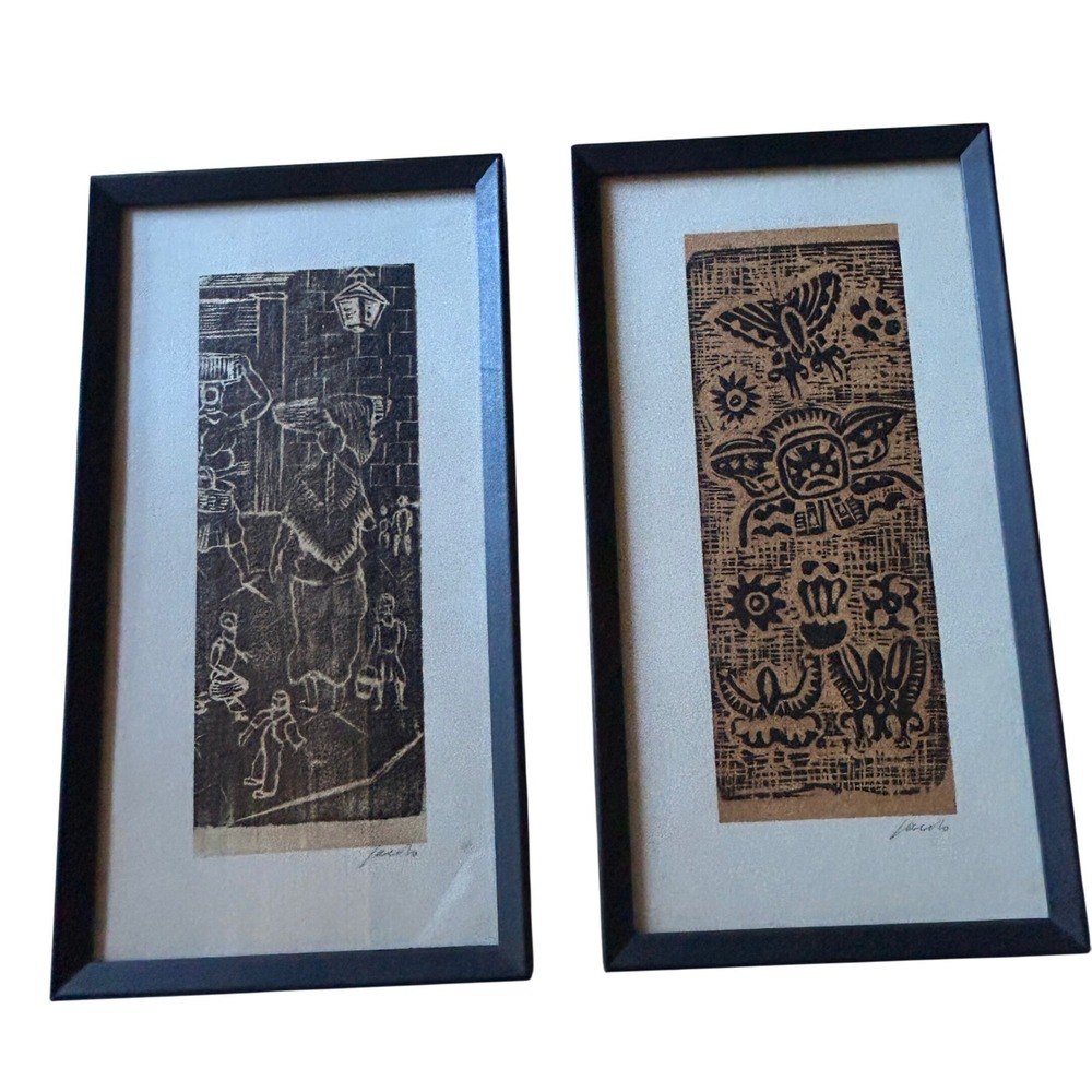 Vintage Jacob Heller Signed Woodblock Prints Pair - MCM Mexican Folk Art Framed
